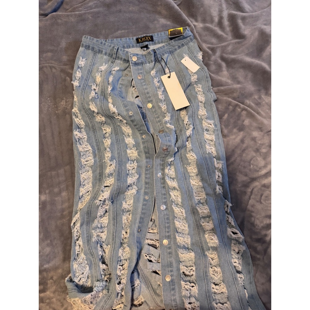 Kroix Premium Denim Distressed Maxi Skirt Light Wash Button Front Shredded Large